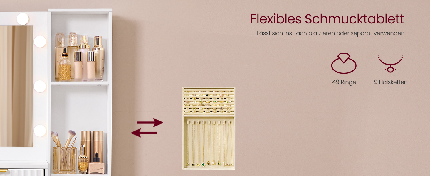 Дзеркальний туалетний столик VASAGLE з пуфом та 10x збільшенням, LED-підсвічуванням, ящиками та станцією для зарядки, 40 x 110 x 135 см, білий