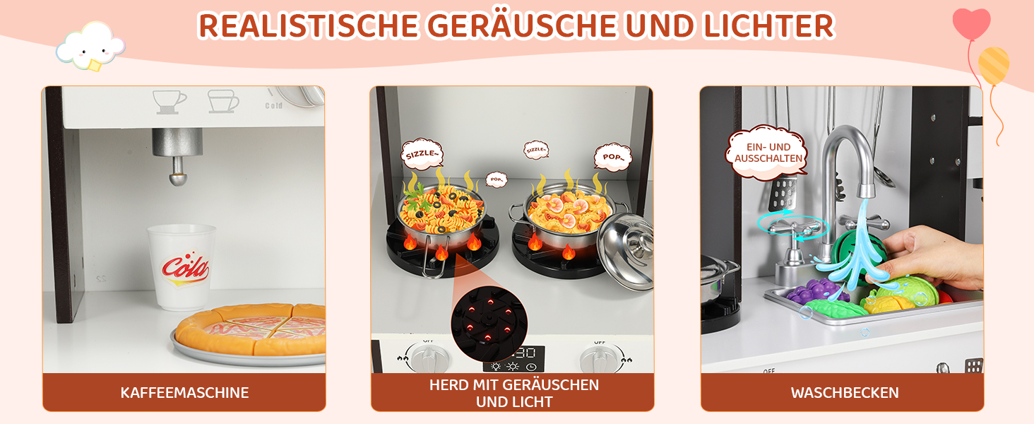 Дерев'яна дитяча кухня Mamizo з підсвіткою та звуком, іграшкова кухня для дітей, 90x30x90 см, з аксесуарами та 2 ящиками для зберігання, іграшка для дітей від 3 років (колір: коричневий)