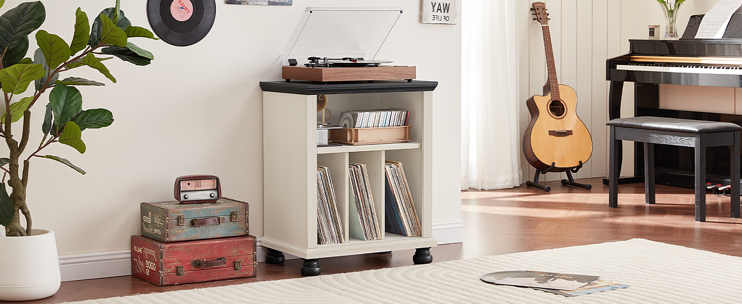 Стійка для програвача LELELINKY: полиця для 200 платівок, дерев'яний стіл для вітальні, спальні, офісу, білий