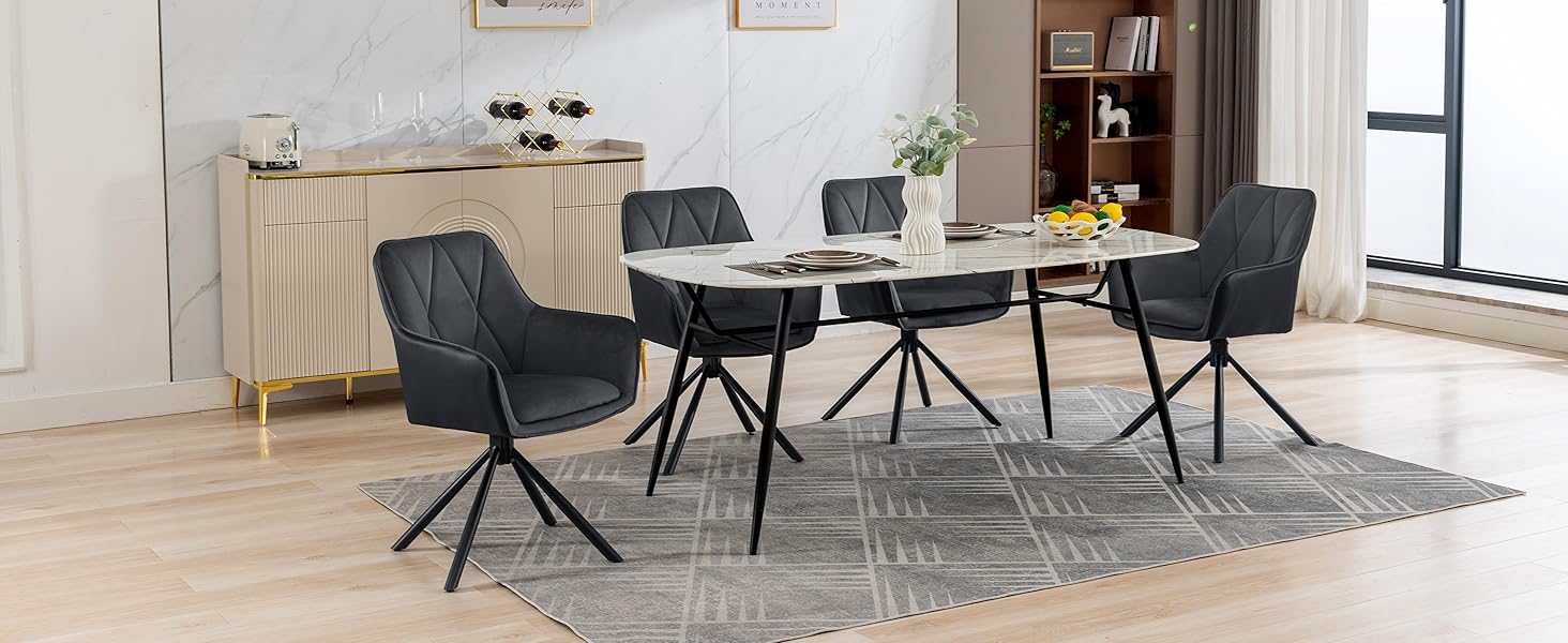 Обідні стільці Lestarain, поворотні, для кухні, спальні, вітальні, комплект з 4 шт. М'які, з підлокітниками та спинкою, на металевих ніжках, оксамит, чорний колір