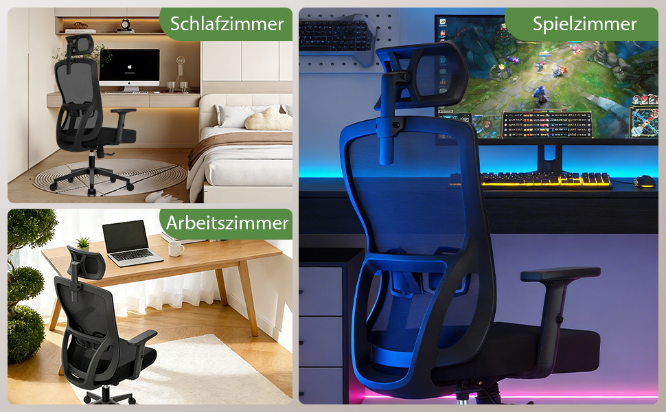 Ергономічне крісло для офісу, регульоване по висоті, поворотне з підтримкою попереку та підголівником, функція відкидання 90°-130°, максимальне навантаження 150 кг, чорний колір, X-Large