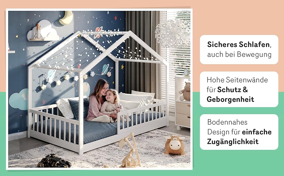 Ліжко-дитяча хатинка CADANI Malte, 120x200 см, білий колір, Montessori, з бортиками, трансформується, з ламелями, до 200 кг