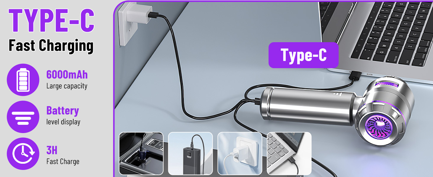 Акумуляторний ручний пилосос 4 в 1 для авто та дому, безщітковий двигун 22000Па, потужність 6000 мАг, портативний електричний пилосос-подув з набором щіток (Сріблясто-фіолетовий)