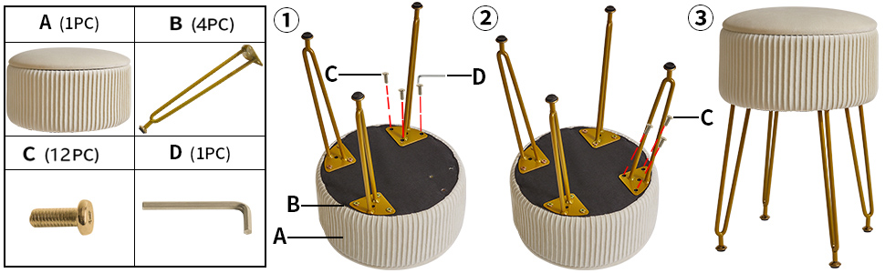 Пуф з відділенням для зберігання IBUYKE, рожевий, з металевими ніжками, знімний чохол