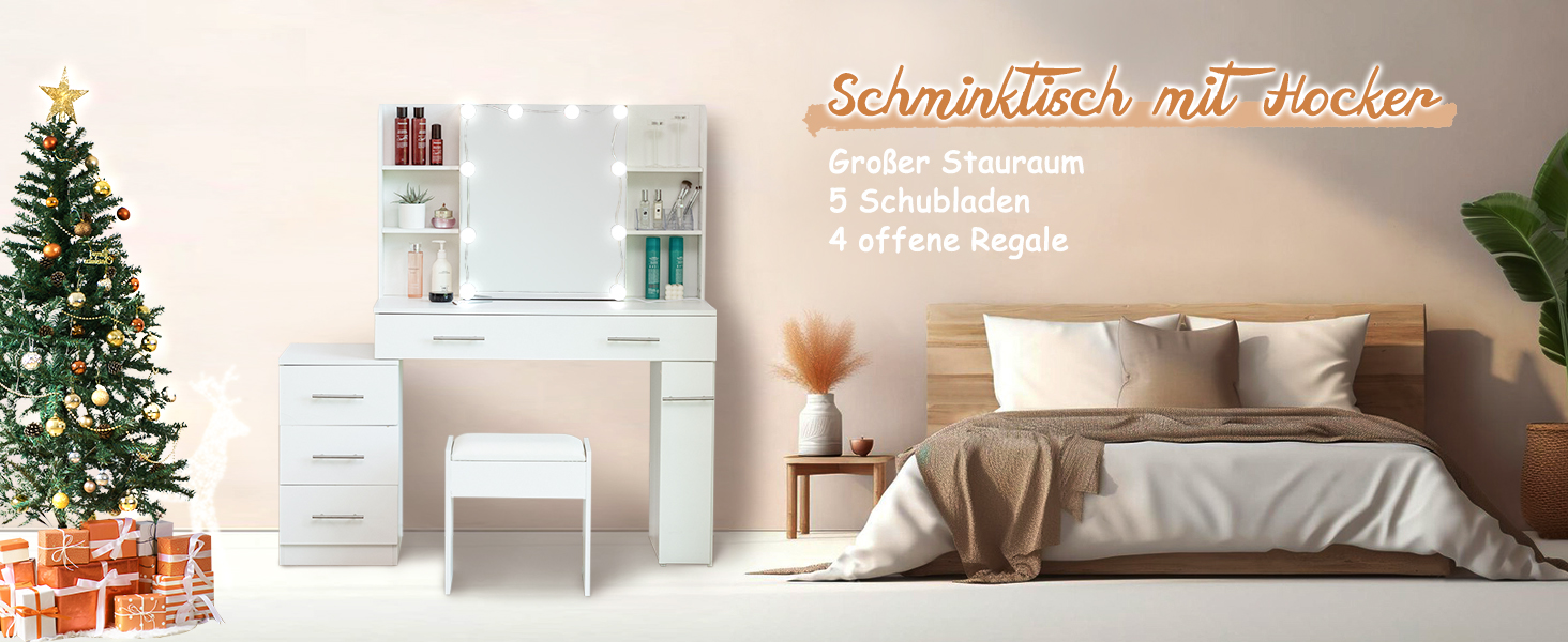 Дзеркальний туалетний столик Thanaddo з підсвічуванням та пуфом, 100×40×136 см. 6 шухляд, відкриті полиці, сучасний дизайн для спальні (білий)