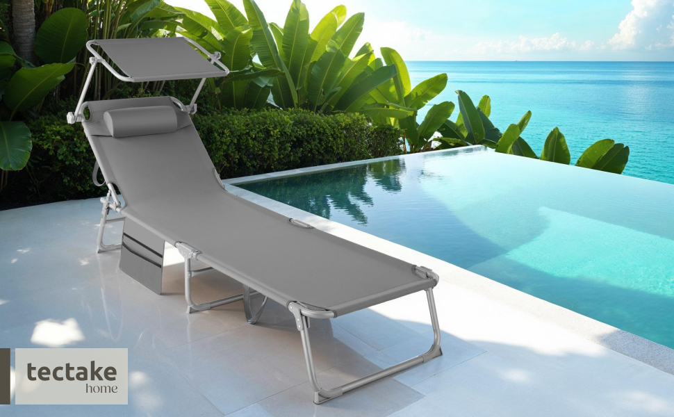 Лежак для відпочинку Tectake®: складаний, портативний, з кишенею, для балкона, тераси, кемпінгу (сірий)