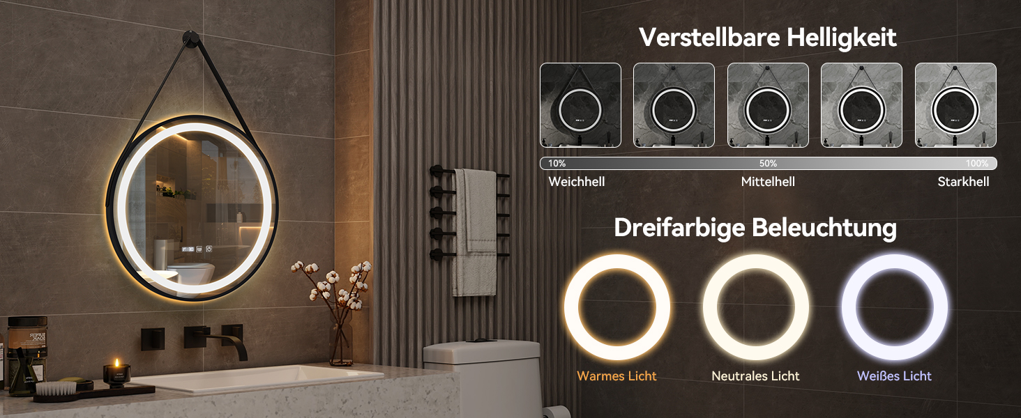 Дзеркало для ванної кімнати YOURLITE з підсвічуванням, 60 см, кругле, LED, 3 кольори, регулювання яскравості, сенсорний вимикач, антизапарник, пам'ять, IP44, чорний