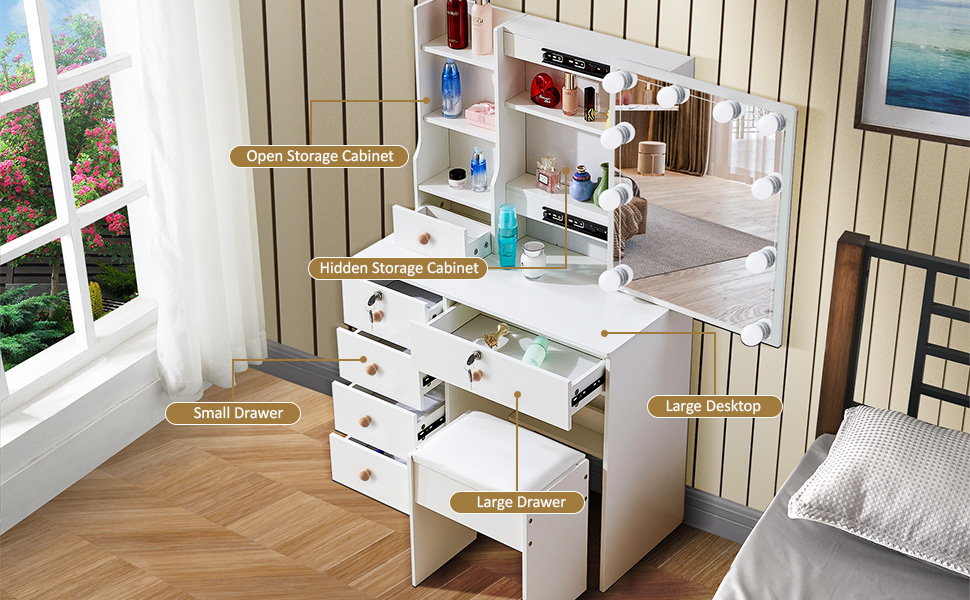 Туалетний столик зі світлом та дзеркалом, з пуфом, 6 шухляд та 6 полиць, 80x36x130 см (PW5)