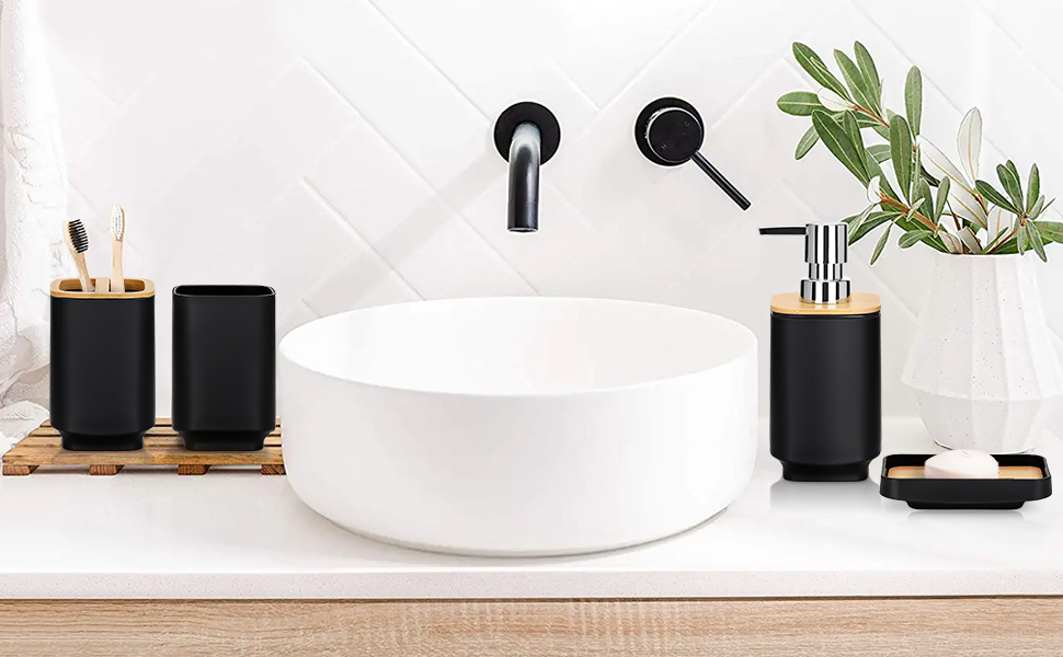 Набір аксесуарів для ванної кімнати JOTOM 6 шт. з бамбука, чорний: мильниця, дозатор мила, тримач для зубних щіток, стакан, сміттєве відро