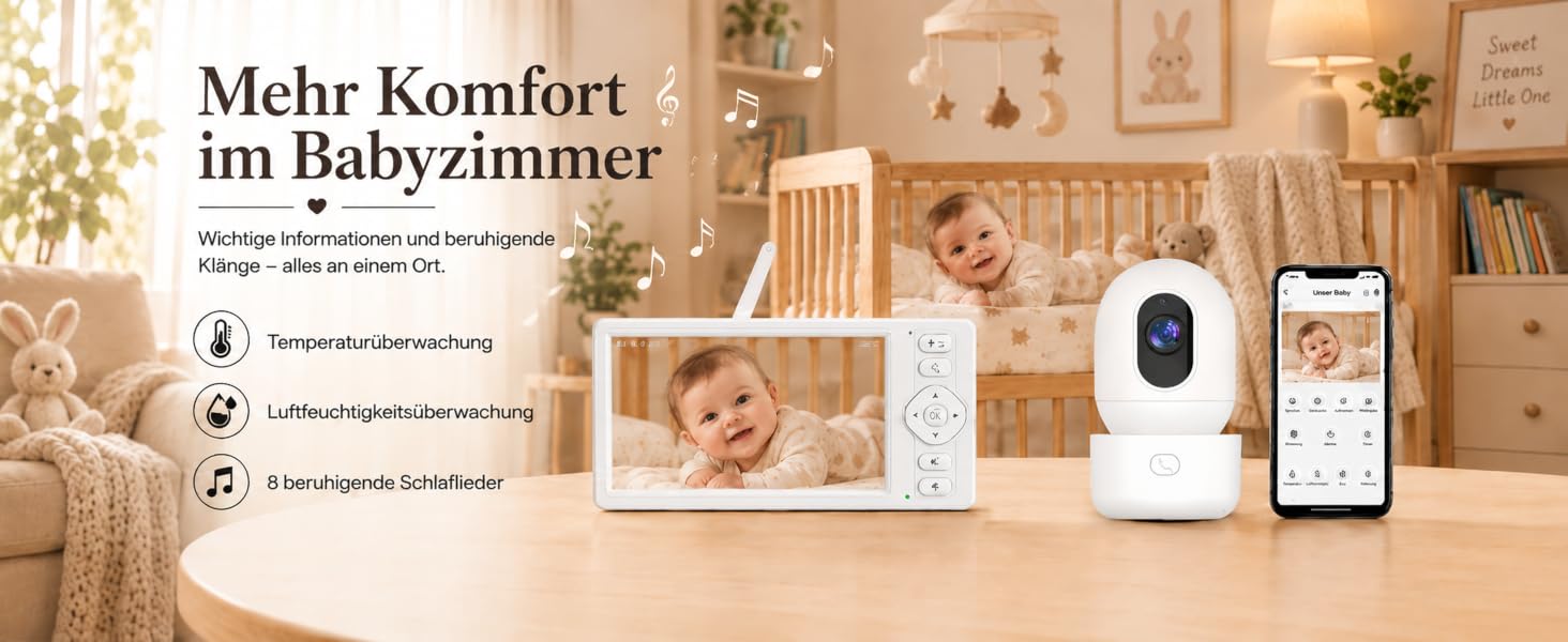 Відеоняня HelloBaby з WiFi та камерою: монітор з нічним баченням, датчиком руху, двостороннім аудіо та керуванням через додаток (5.5 дюймів, білий)
