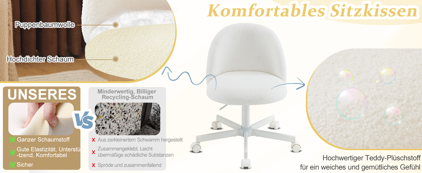 Офісне крісло Bonnlo з роликами, стілець для туалетного столика, регульований по висоті, для робочого кабінету, спальні, home office, з м'якої тканини Тедді, білий