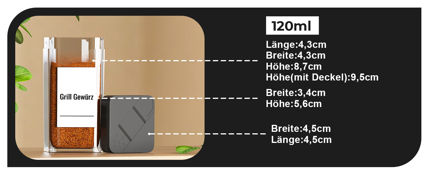 Набір баночок для спецій кутовий 12 шт. 120 мл з кришкою, чорний, з дозатором та 120 етикетками