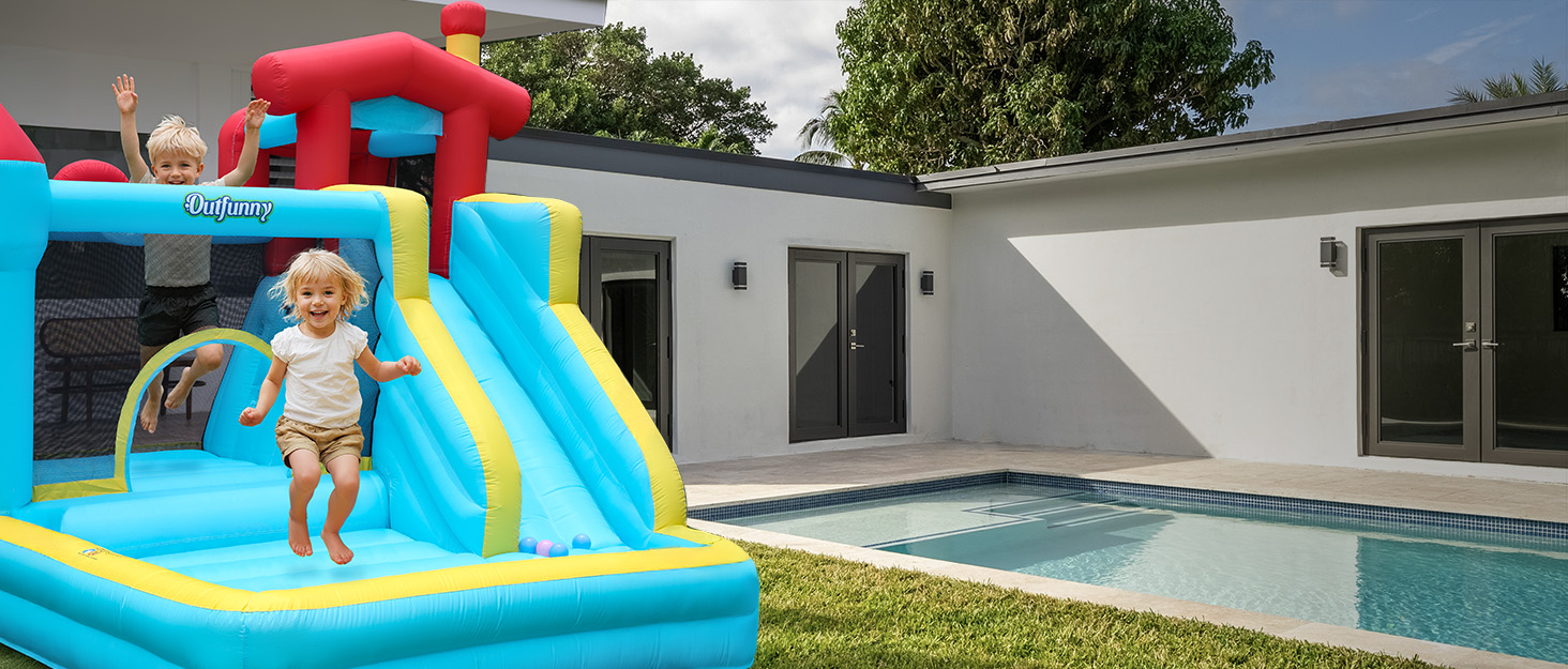 Надувний замок для дітей великий, з гіркою, синього кольору, з насосом 450W (для дому та вулиці)