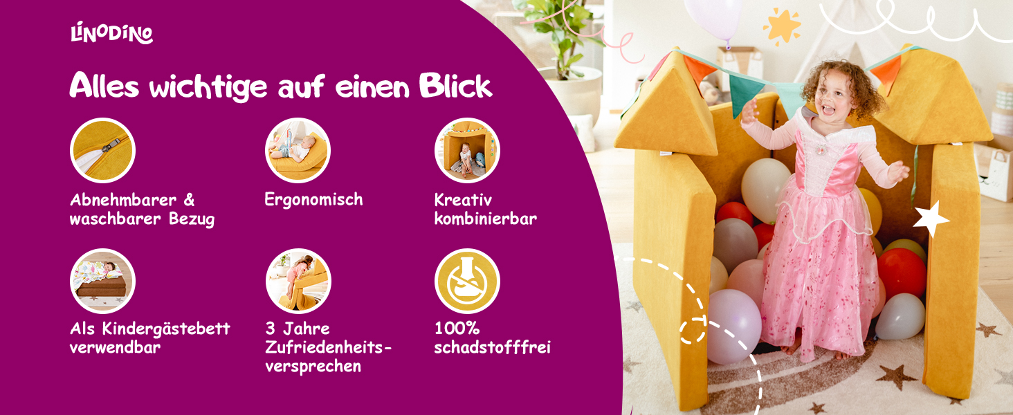 Linodino® дитяче ігрове крісло-диван з м'яких кубиків | Дитячий диванчик та куточок для ігор | Кубики для дітей | Сертифікат Oeko-Tex 100 | Бджолиний колір