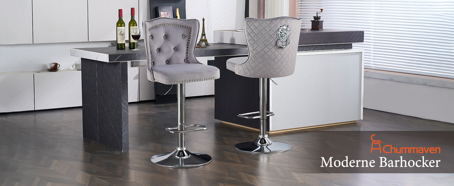 Набір з 2 барних стільців Samt - сучасні стільці для бару з високою спинкою, оббивка велюром, регульована висота, сірий