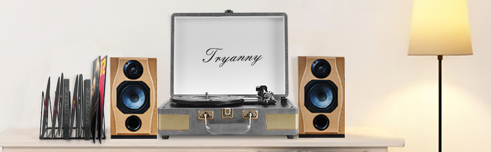 Вініловий програвач Trynnay 3-швидкісний Bluetooth у ретро-валізі з вбудованими динаміками, покриття з PU-шкіри, покращений звук, сірий