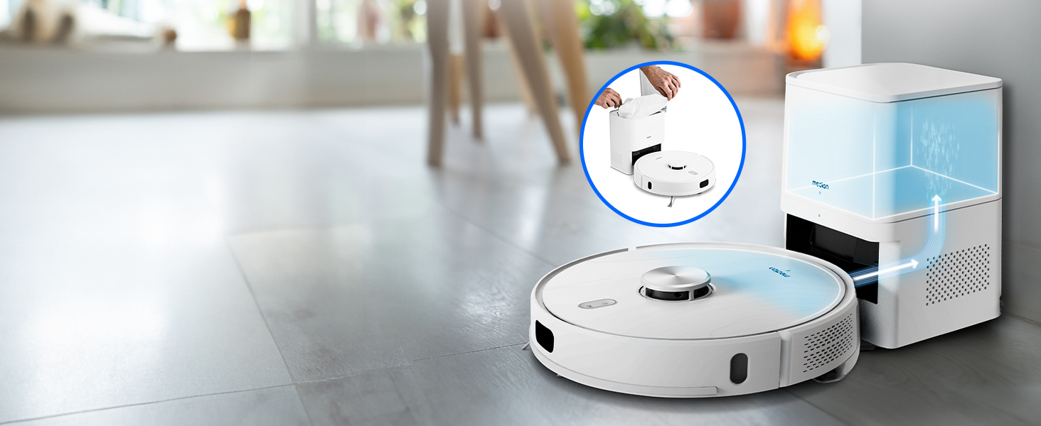 Робот-пилосос MEDION X41SW+ з док-станцією, лазерною навігацією та функцією миття підлоги. Потужність всмоктування 8000Pa, 2-в-1, створення точних карт, зони заборони, підтримка декількох поверхів