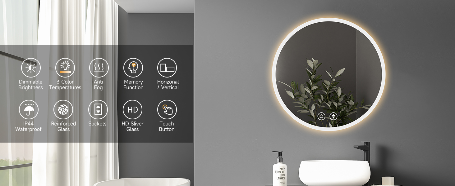 Дзеркало для ванної кімнати YOLEO з підсвічуванням 70см, LED дзеркало з Bluetooth, сенсорне управління, захисне скло, 3 режими світла (антизапотівання, 3 кольори, регулювання яскравості), 50x50 см