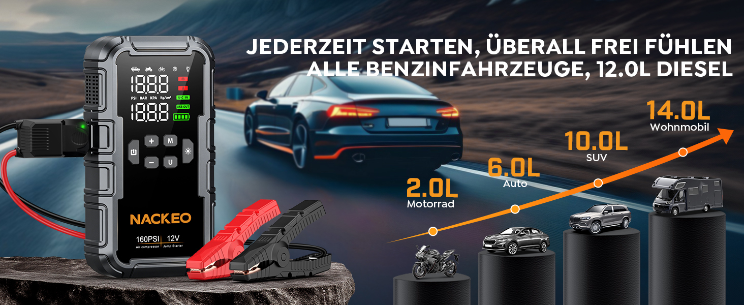 Пусковий пристрій (бустер) 8000A для авто з компресором 160 PSI, Powerbank 12V для бензинових та дизельних двигунів до 12л, з LED-ліхтарем 600LM та LCD-дисплеєм
