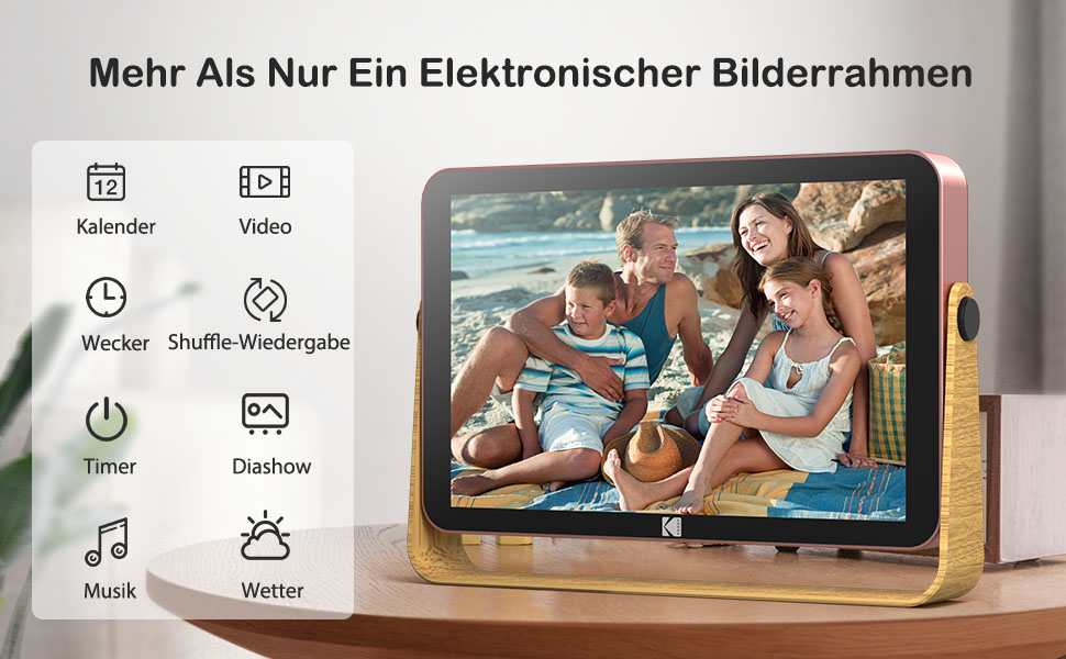 Цифровий фоторамка Kodak 10 дюймів з Wi-Fi, акумулятором та 32 ГБ пам'яті, рожево-золотий, з сенсорним HD IPS екраном, підтримкою фото, відео та музики, можливість ділитися через додаток