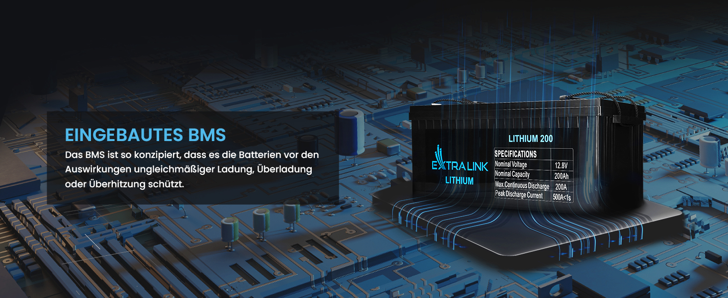 Літієва батарея Extralink LiFePO4 200AH 12 В, BMS, без ефекту пам'яті, компактний, легкий, чудово підходить для автофургону, човна, кемпінгу, сонячної батареї.