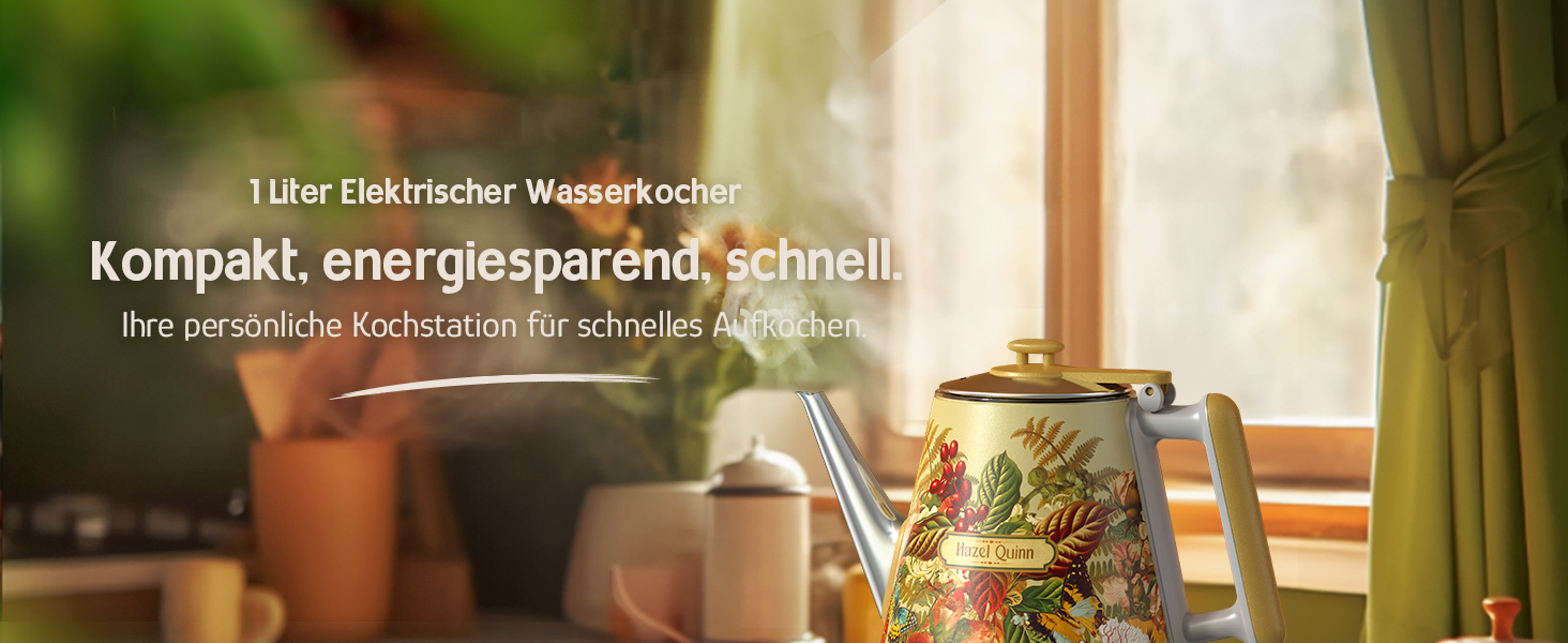 Електричний чайник Hazel Quinn, 1 л, ретро-дизайн, з нержавіючої сталі 304, 1360W, білий перламутровий (жовтий з квітковим візерунком), BPA-free, автоматичне вимкнення