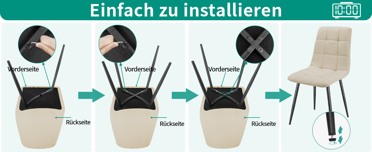 Набір з 4-х оббитих стільців для їдальні з металевими ніжками, льонова тканина, шаховий візерунок, для вітальні, спальні, кухні, лоджії, рецепції, бежевий колір
