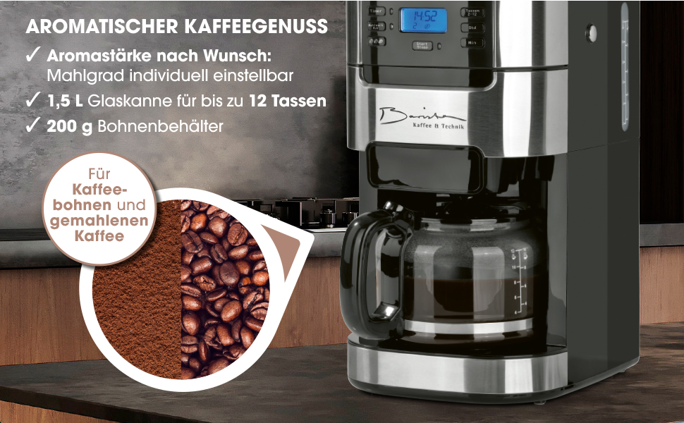 Кавомашина Barista Filterkaffeemaschine з регульованим млинком та скляною колбою | Функція підігріву, таймер 24 год та постійний фільтр | Для 10 чашок кави | Кавомашина для зерен та меленої кави [Нержавіюча сталь] 6) Нержавіюча сталь - скляна колба - з млинком