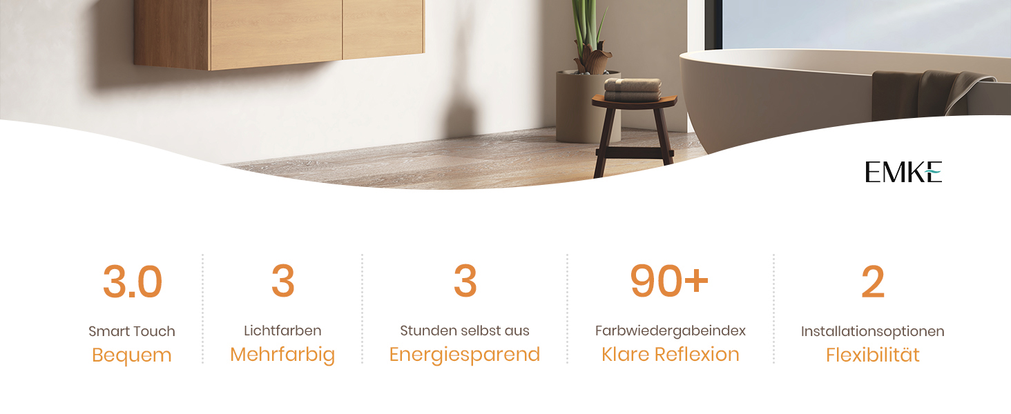 Круглий дзеркало для ванної кімнати EMKE з підсвічуванням 50 см, 3 кольори, регулювання яскравості, антизапар, пам'ять, сенсорне управління, таймер 3 години, енергозберігаючий