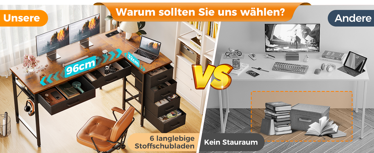 Комп'ютерний стіл Coleshome L-подібний з 6 шухлядами, білий, 126x80 см, з розеткою та гачками