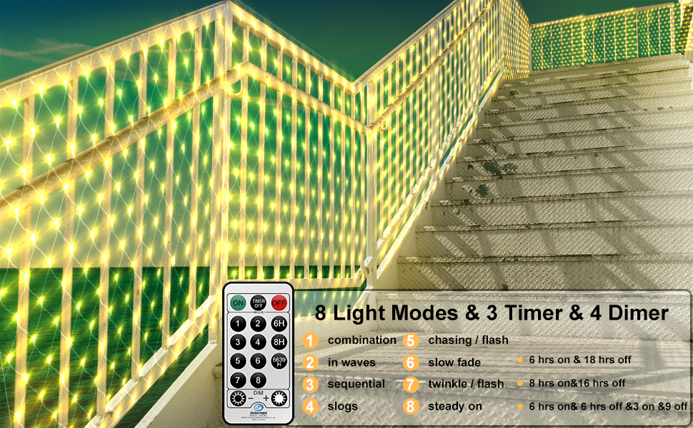 З вилкою, водонепроникний, пульт дистанційного керування та таймер, теплий білий для вулиці/приміщень, 6x2M Light Net