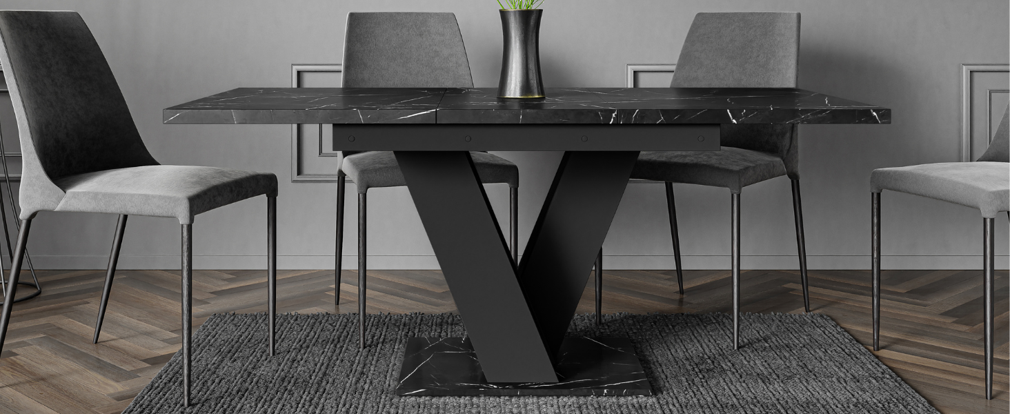 Розсувний кухонний стіл PROROOM FURNITURE Malvi - чорний, 120-160 см, для 4-6 осіб | Збірка легко | Royal Marmor | Для їдальні та кухні