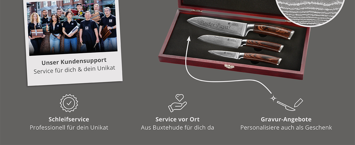 Набір кухонних ножів Wakoli EDIB з магнітним блоком | 3 ножі з дамаської сталі (8,5-17см) з VG10-сердечником, дерев'яні ручки, для овочів та м'яса