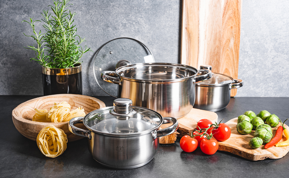 Набір каструль Karl Hausmann з нержавіючої сталі (індукційні) 3 шт. - для всіх типів плит - з кришкою з термостійкого скла - з мірною шкалою