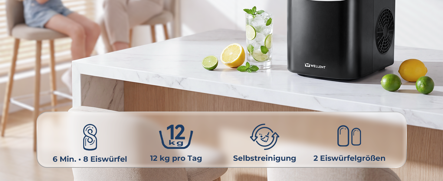 Льодогенератор Klarstein Ice Maker – Швидке виробництво льоду (12 кг/24 год), 2 розміри кубиків, самоочищення, для дому, кухні, офісу, бару – Чорний