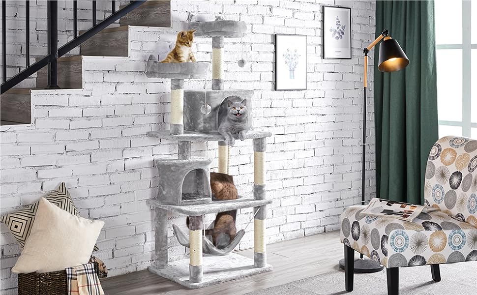 Кігтеточка для котів Yaheetech Cat Tree 158 см Kartzenbaum Cat, з 2 будиночками для кішок і 2 платформами, меблі для кішок з сизалю стайня, світло-сірого кольору