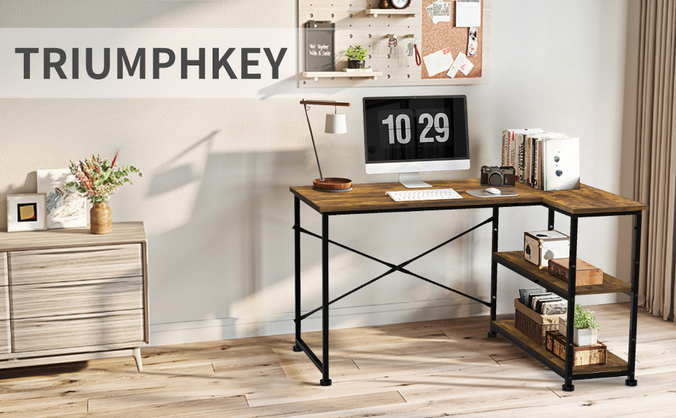 Кутовий письмовий стіл TRIUMPHKEY L-подібної форми з полицями, 110 см, вінтажний коричневий