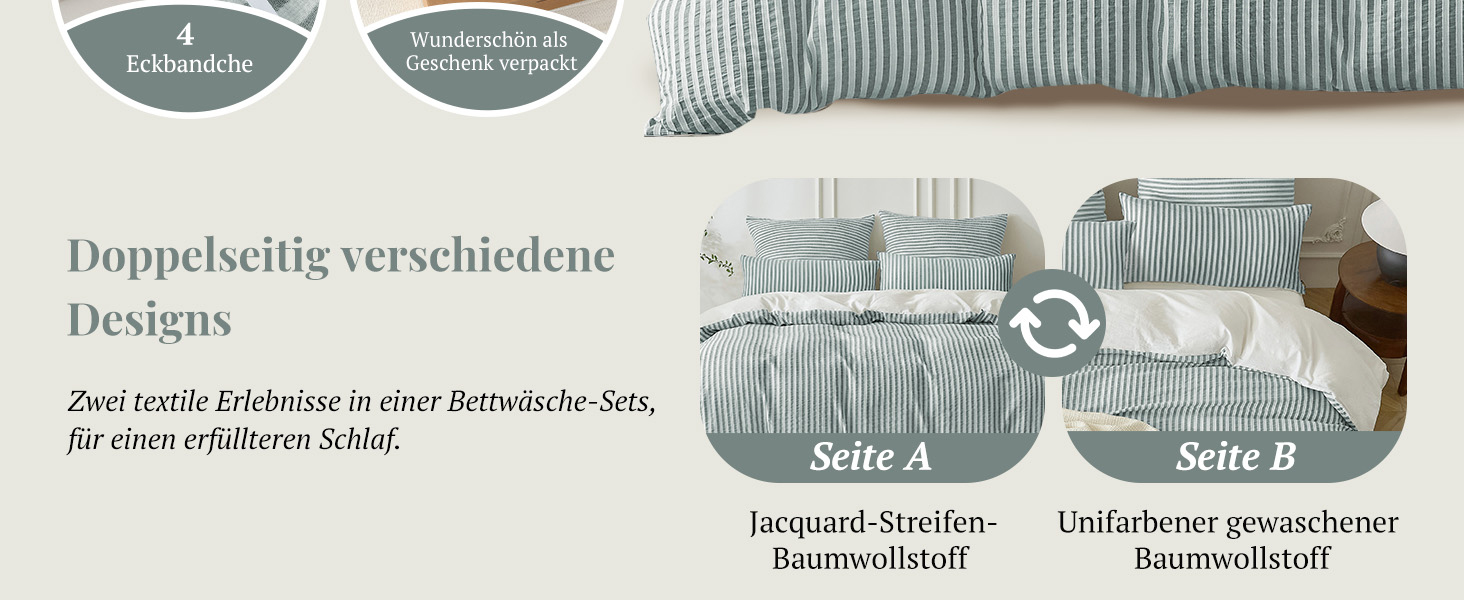 Набір постільної білизни SOULFUL 200x200, бавовна, смугастий дизайн, джакард, екологічна бавовна, бохо стиль, преміум якість, сертифікат Öko-Tex 100, колір деним (темно-зелений & білий), 4-елементний комплект (2x 135*200 см | 2x 80*80 см)