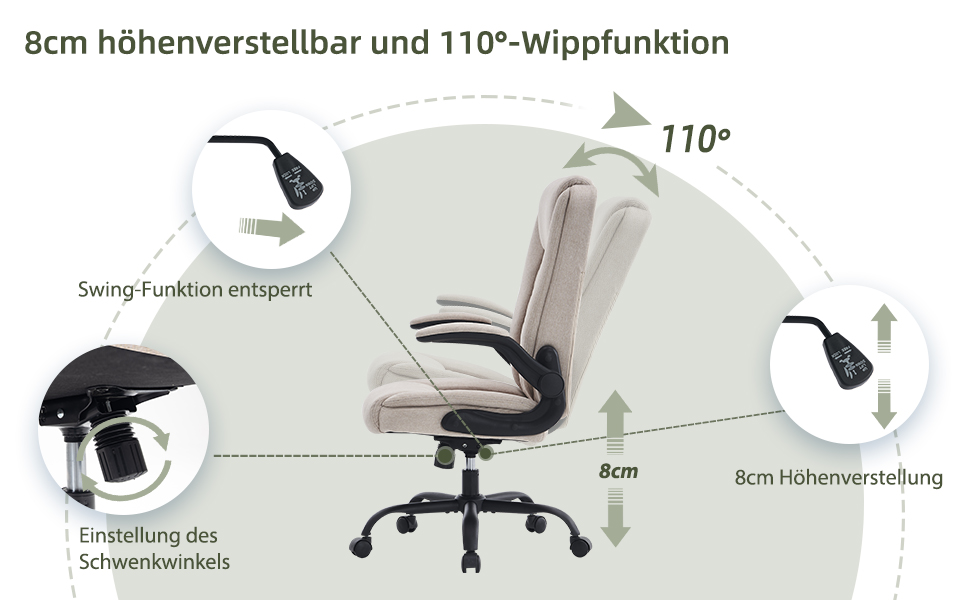 Офісний крісло CASTLOVE: ергономічний, з підлокітниками, регулюванням висоти та нахилу, з підголівником. Підходить для дому та офісу, витримує до 150 кг (Бежевий, тканина)