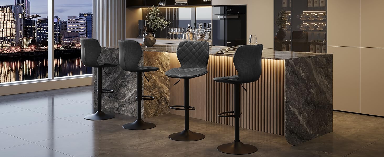 Набір барних стільців 4 шт. регульовані по висоті з підлокітником та підставкою для ніг – 360° обертання, PU шкіра, оббивка, металевий каркас для кухні, стійки, їдальні, вітальні, чорний