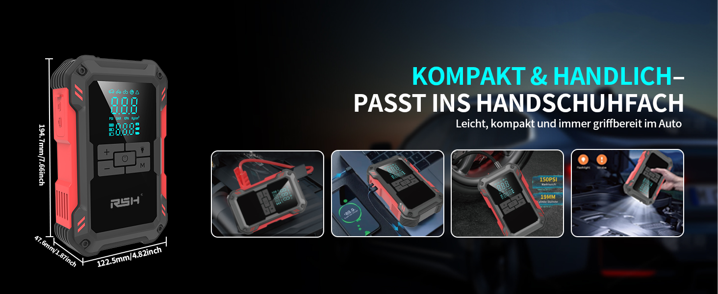 Пусковий пристрій RSH 4000A Jump Starter з компресором 150 PSI, бустер для авто 12V (бензин до 9.0L, дизель до 6.5L), Powerbank 10000 mAh та LED-ліхтарем, 4-в-1