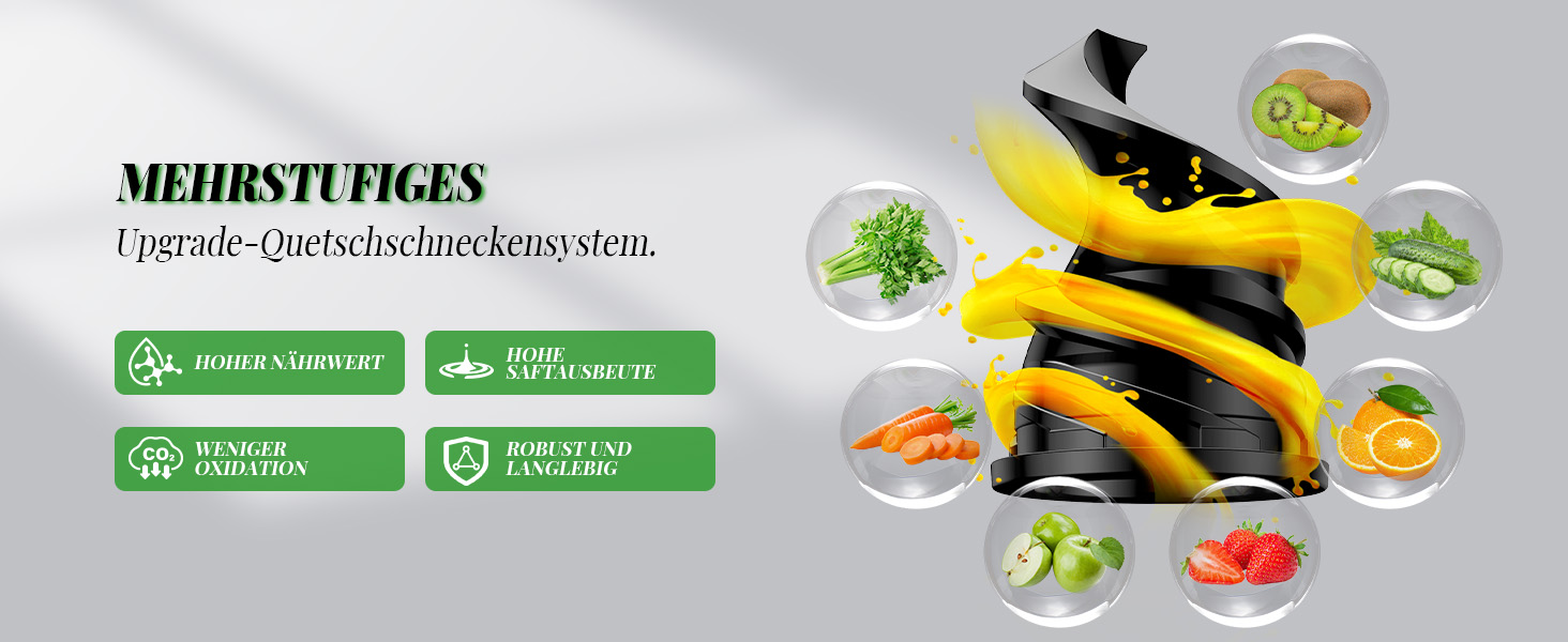 Електричний соковитискач GDOR з великою завантажувальною воронкою 90 мм, висока врожайність, тихий, BPA-free, легко миється, 200W, сірий