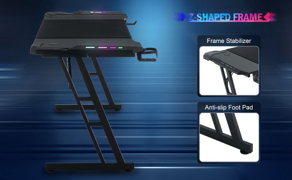 Ігровий стіл 120x60 см з LED Z-подрофкою, карбоновим покриттям, тримачем для напоїв та гачком для навушників. Стабільний та ергономічний стіл для геймерів та офісу.