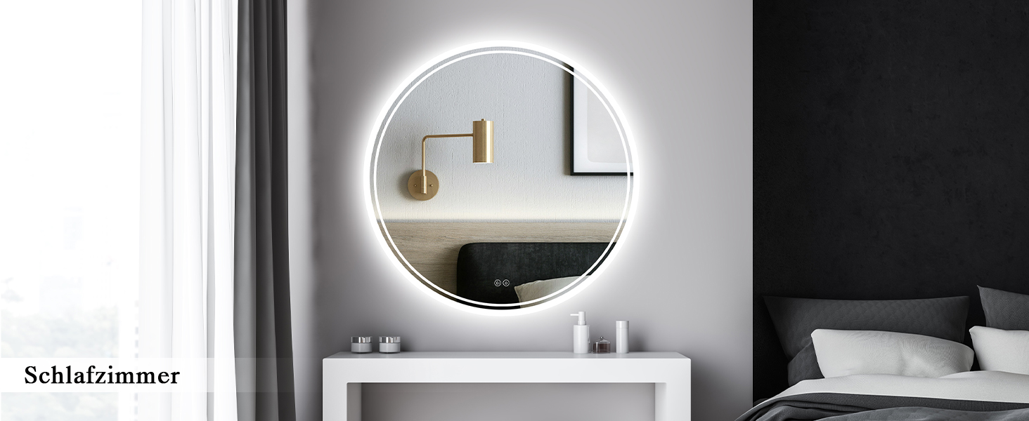 Дзеркало для ванної кімнати з підсвічуванням LED, кругле 50см, сенсорне керування, регулювання яскравості, функція пам'яті, дзеркало з HD склом, захист від вибуху, антизапотівальне покриття, 3 кольори світла, 70x70 см