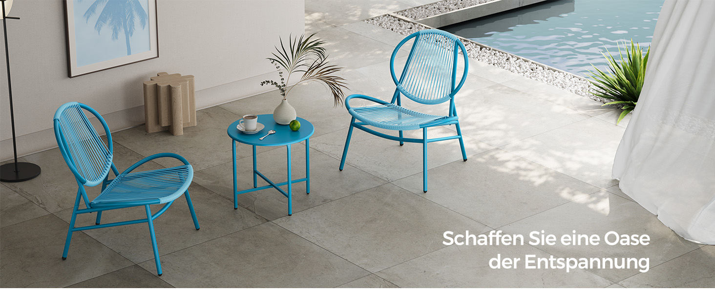 Набір садових меблів SONGMICS з ротангу (3 предмети): стіл та 2 крісла для тераси, саду, балкону, блакитний