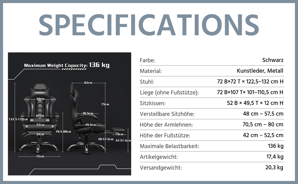 Ігровий крісло Yaheetech з масажем, регульована спинка 90-135°, комп'ютерне крісло з підніжкою, білий (чорний)