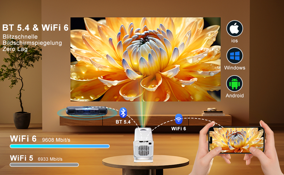 Портативний проєктор ZDSSY Beamer Klein 4K з Wi-Fi 6 та Bluetooth 5.2, автофокусом та корекцією трапеції, підтримкою Android/iPhone/PC/Mac/Switch/PS5