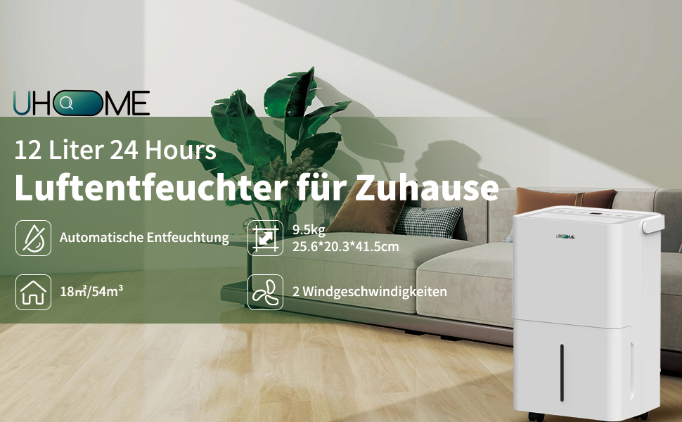 Електричний осушувач повітря Uhome 12L - 54м³, автоматичне вимкнення, сенсор вологості, режим сушіння, фільтр з активованим вугіллям