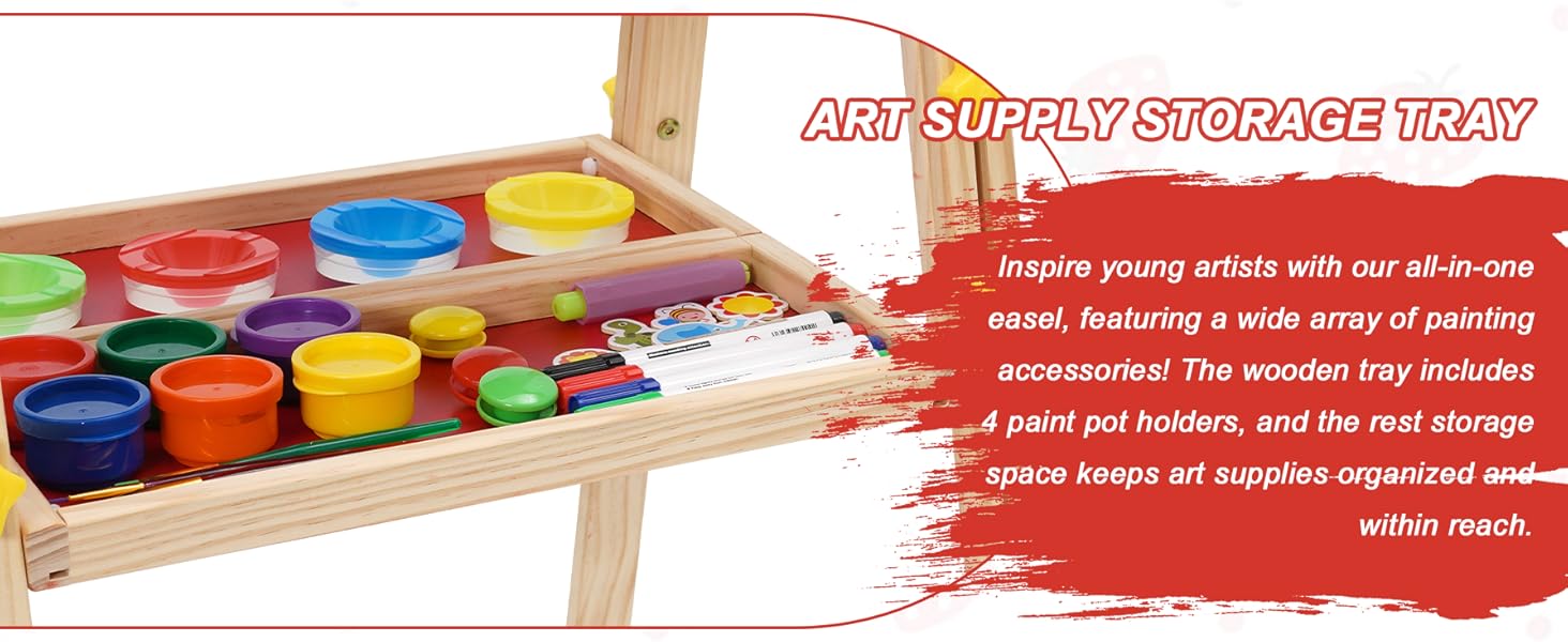 Дитяча мольберт Kinder Staffelei 3 в 1: регульована висота, подвійний бік, з рулоном паперу, 100+ аксесуарів для малювання, для дітей 3-8 років (червоний)