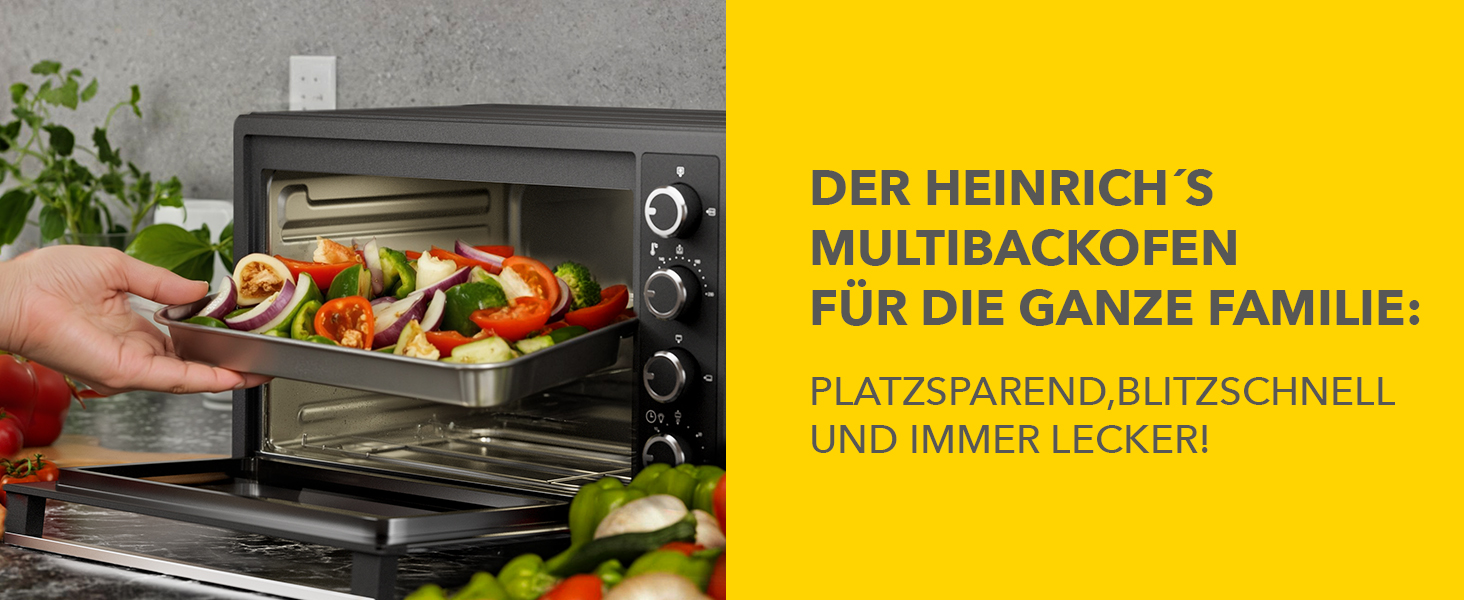Багатофункціональна міні-піч Heinrich's 48L з конвекцією, таймером, підсвічуванням, 100-230°C, сенсорне керування, з аксесуарами, чорна, 2000W